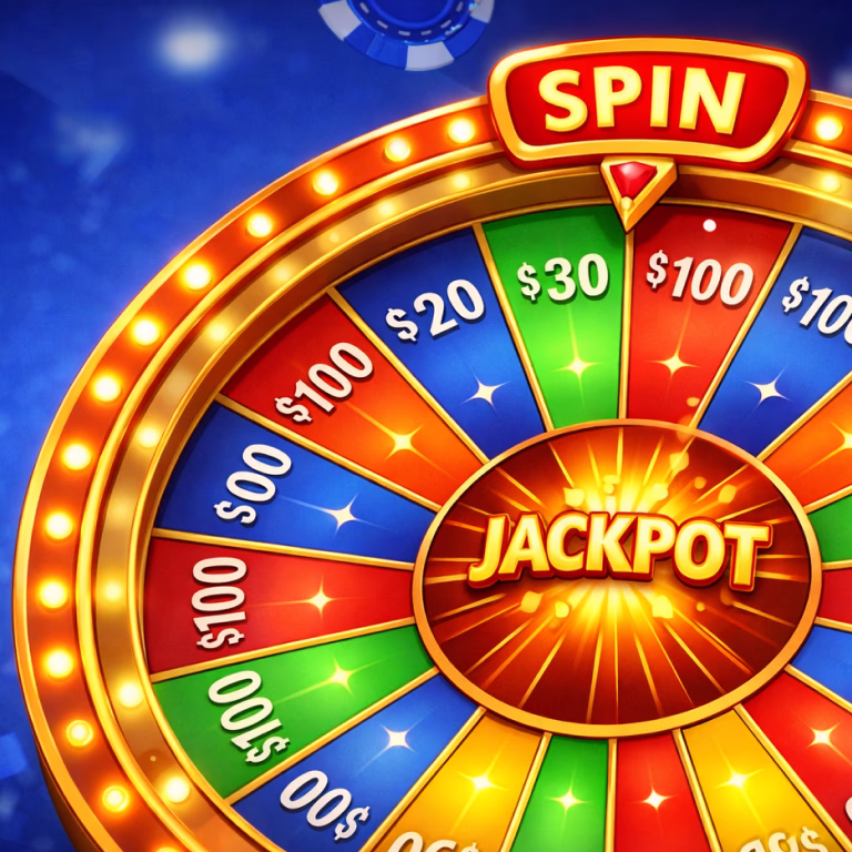 Rueda de premios tipo jackpot con colores brillantes y sección “SPIN” destacada en Deuces Casino México.
